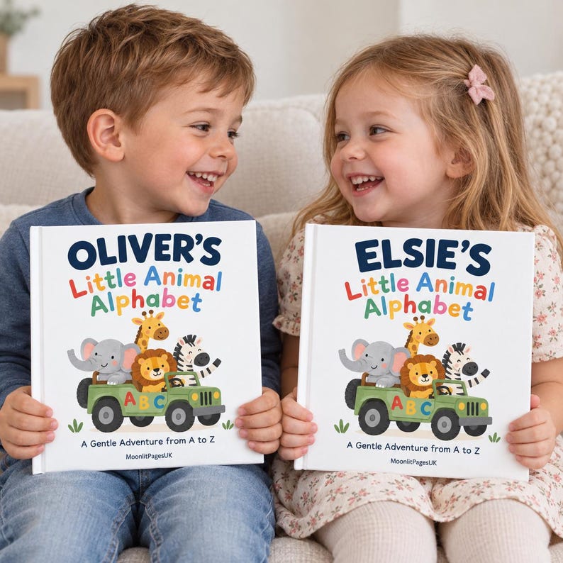 Personalised animal alphabet book for kids – two smiling children holding custom name ABC storybooks, a first birthday gift