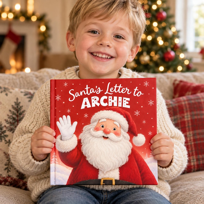 A smiling boy holds a personalised letter from Santa book, Santa's Letter to Archie, with a waving Santa on the red cover by the Christmas tree. Archie is an example name.