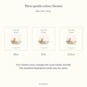 Three Goodnight, Oliver covers in Blue, Pink and Yellow. The cover border and title lettering change colour while the rabbit, moon and woodland illustration stay the same.