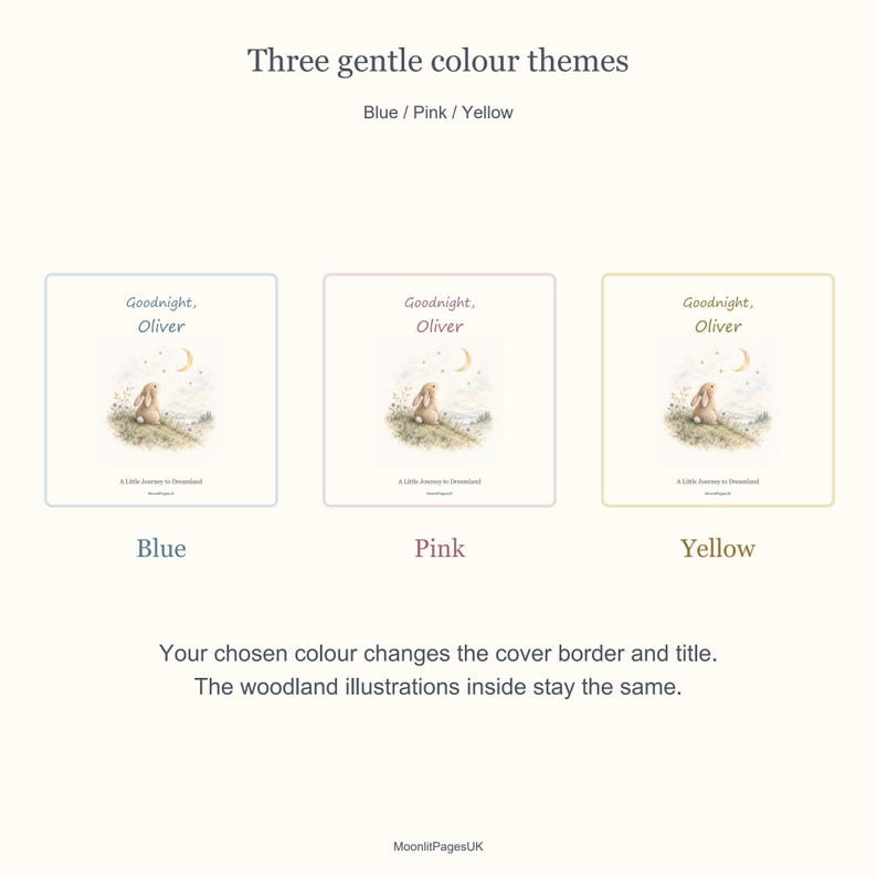 Three Goodnight, Oliver covers in Blue, Pink and Yellow. The cover border and title lettering change colour while the rabbit, moon and woodland illustration stay the same.