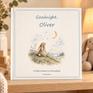 Goodnight custom name baby book cover with a little rabbit in a moonlit woodland – personalised bedtime story for baby
