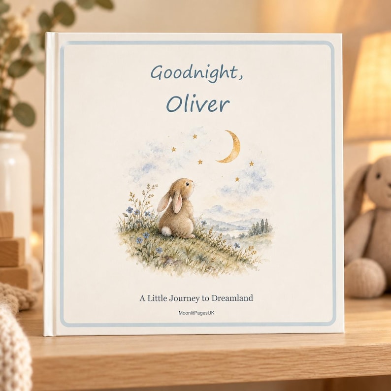 Goodnight custom name baby book cover with a little rabbit in a moonlit woodland – personalised bedtime story for baby