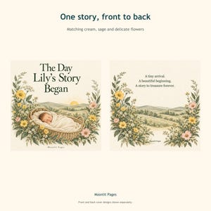 Front and back cover of the personalised birth keepsake book in cream, sage and delicate wildflowers