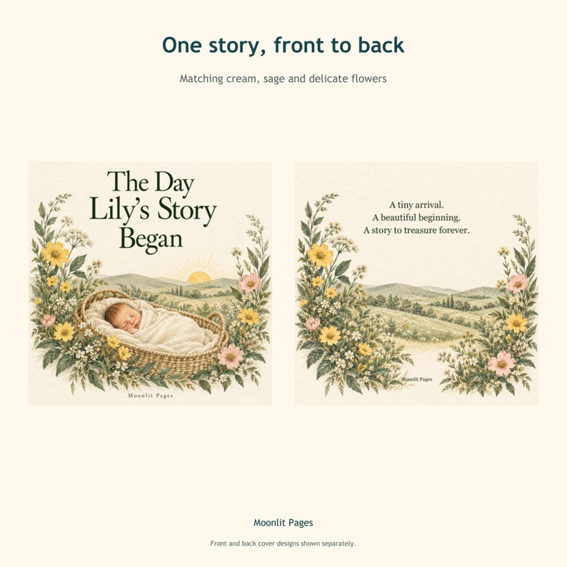 Front and back cover of the personalised birth keepsake book in cream, sage and delicate wildflowers