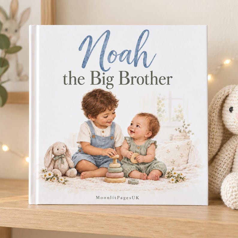 Personalised big brother book – custom name 'Noah the Big Brother' storybook with an illustrated big brother and baby, a new sibling gift