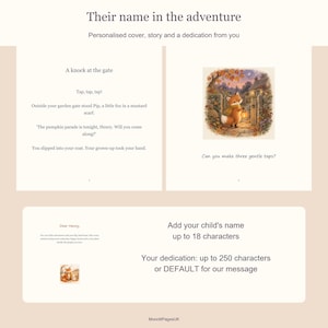 Examples of the child's name in the Halloween story and a personalised dedication page. First name up to 18 characters and dedication up to 250 characters.