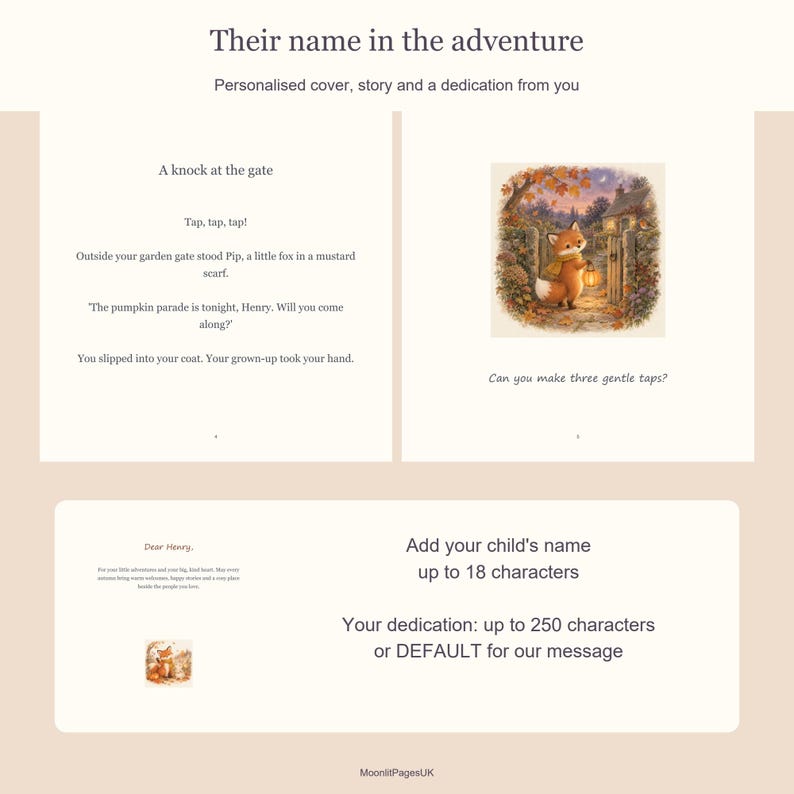 Examples of the child's name in the Halloween story and a personalised dedication page. First name up to 18 characters and dedication up to 250 characters.