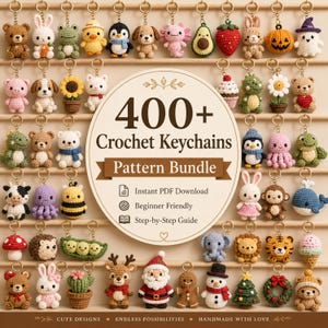 May include: A collection of small, colorful crochet keychains featuring various animals, plants, and holiday figures arranged on shelves. A central circular sign displays the text 400+ Crochet Keychains Pattern Bundle with icons.
