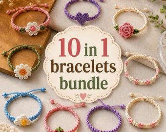 10-in-1 Crochet Bracelet Pattern Bundle | Flower, Heart, Rose, Strawberry Designs (PDF Download)