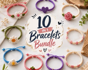Crochet Bracelet Pattern Bundle | 10 Friendship Flower, Heart, Rose, Strawberry Designs (PDF Download)