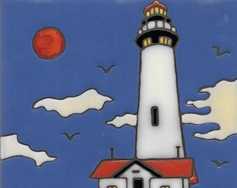 Pigeon Point Lighthouse ceramic tile mosaic mural installation kitchen backsplash trivet wall decor hand painted original hand painted art
