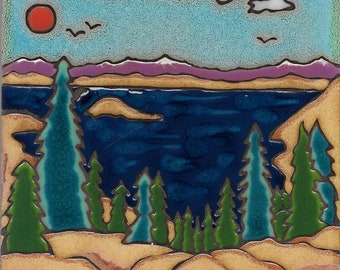 Ceramic tile, Crater Lake, Trees, Hot Plate, Wall Decor, Installation,Hand Painted, mosaic, kitchen backsplash