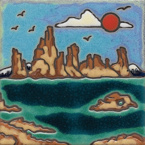 Ceramic tile, Mono Lake, tufas , Hot Plate, Wall Decor, Installation,Hand Painted, mosaic, kitchen backsplash