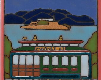 Cable car, San Francisco,hotplate, wall decor, kitchen backsplash, bathroom installation, mural, hand painted,mosaic, Hand crafted in USA