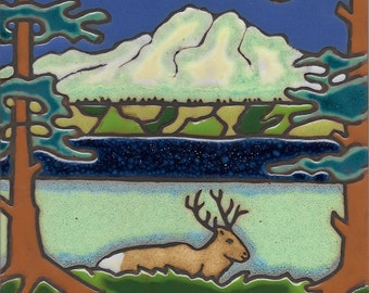 Ceramic tile, elk, Olympic Natl Park, Mt Olympus, snow mtn, Hot Plate, Wall Decor, Installation,Hand Painted, mosaic, kitchen back splash