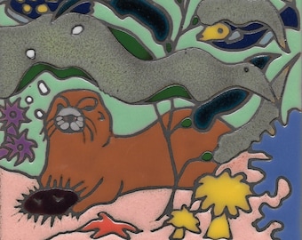 Keramikfliese Seeotter Kochplatte Wanddekor Küche Rückwand Badezimmer Wandbild Installation, Mosaik, Handarbeit Original Made in USA