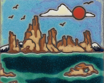 Ceramic tile, Mono Lake, tufas , Hot Plate, Wall Decor, Installation,Hand Painted, mosaic, kitchen backsplash
