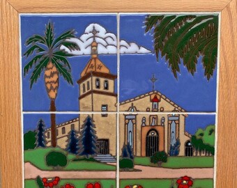 Ceramic tile Santa Clara Mission wall decor trivet hot plate kitchen back splash mural installation hand painted in USA mosaic original art