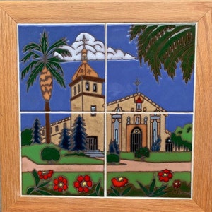 Ceramic tile Santa Clara Mission wall decor trivet hot plate kitchen back splash mural installation hand painted in USA mosaic original art