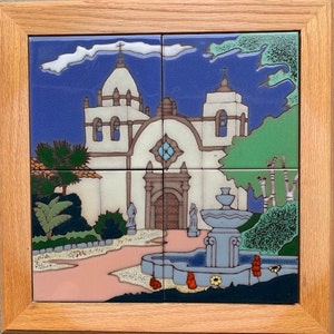 Ceramic tile Carmel Mission wall decor trivet hot plate kitchen back splash mural installation hand painted in USA mosaic original art