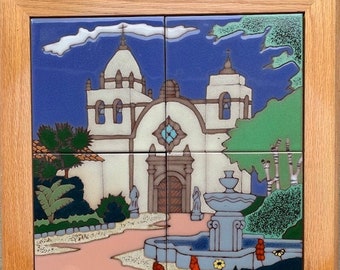 Ceramic tile Carmel Mission wall decor trivet hot plate kitchen back splash mural installation hand painted in USA mosaic original art