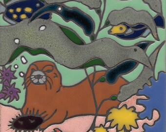 Ceramic tile Sea Otter and Pup, hot plate, wall decor,  back splash, bathroom installation mural, mosaic,original hand crafted in the USA