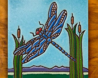 Hand painted Dragonfly ceramic tile