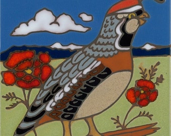 California Quail and red poppies ceramic tile | Hand painted wall art or kitchen trivet