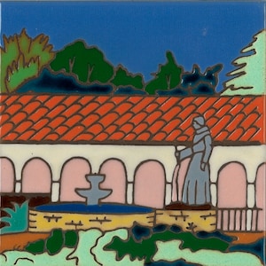 Ceramic tile, San Fernando Mission, hot plate, wall decor, installation, backspalsh, kitchen tile, hand painted, hand crafted
