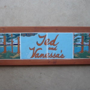 Address Number Tile signs Ceramic custom hand painted framed in Redwood