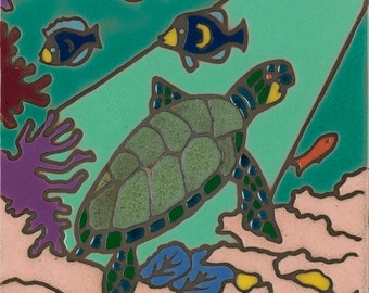Sea turtle hand painted ceramic tile | Ocean scene wall art