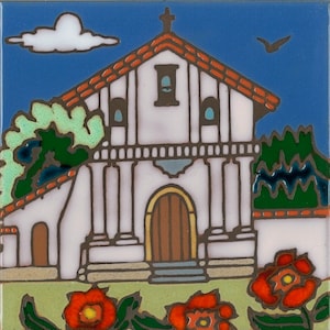 Ceramic tile California Mission Dolores wall decor hot plate trivet kitchen back splash installation mural mosaic art Hand Painted in USA