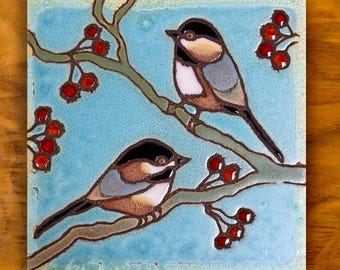 Chickadees hand painted ceramic tile | Bird wall art