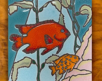 Garibaldi Fish and baby hand painted ceramic tile | Coastal wall art or ocean decor