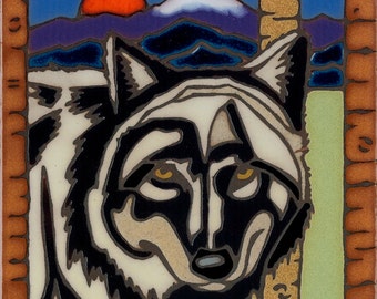 Hand Painted Ceramic Tile Wolf Original Art