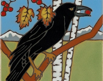 Keramische tegel Raven, kraai, vogel, hete plaat, wand decor, badkamer muurschildering, installatie mozaïek, keuken backsplash, met de hand geschilderd in de VS originele