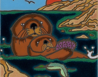 Ceramic tile Sea Otter and Pup, hot plate, wall decor,  back splash, bathroom installation mural, mosaic,original hand crafted in the USA