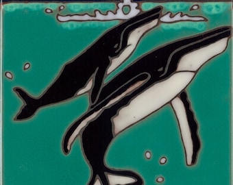 Ceramic tile Humpback whale sea life kitchen backsplash bathroom mosaic mural trivet  hot plate wall decor hand painted made in USA