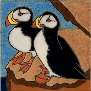 Ceramic tile Horned Puffins bird Audobon trivet backsplash hot plate mural mosaic handpainted in USA Alaska installation wall decor art tile