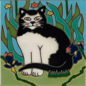 Kat, Tuxedo kat, kitten, kookplaat, wand decor, keuken backsplash, badkamer muurschildering, mozaïek installatie, origineel handgemaakt in de VS