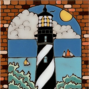 Cape Hatteras Lighthouse ceramic tile hot plate trivet installation kitchen backsplash bathroom mural mosaic hand painted boat original art