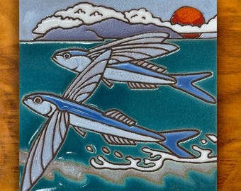 Hand Painted Flying Fish Ceramic Tile  | California coastal art