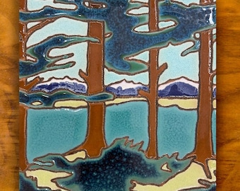Mountain lake scene, hand painted ceramic tile