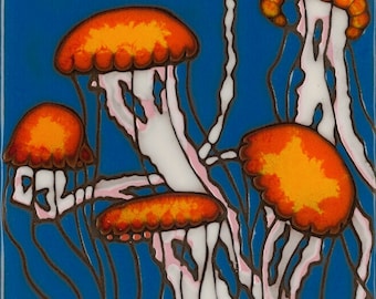 Jellyfish hand painted ceramic tile | Ocean wall decor