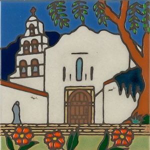 Ceramic Tile Mission San Diego hot plate trivet wall decor bathroom mural kitchen installation hand painted in USA mosaic original artn
