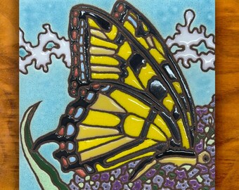 Hand painted Swallowtail Butterfly ceramic tile | Garden wall art gift