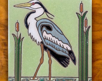 Hand painted Great Blue Heron ceramic tile | Bird wall decor