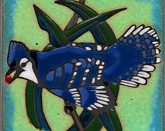 Blue Jay Ceramic Tile hot plate wall decor install, hand painted