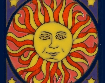 Ceramic tile, Sun, hot plate, wall decor, installation, backsplash, hand painted, kitchen tile, mosaic
