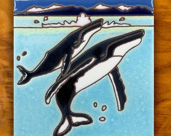 Humpback whale hand painted ceramic tile | Ocean sea life wall art